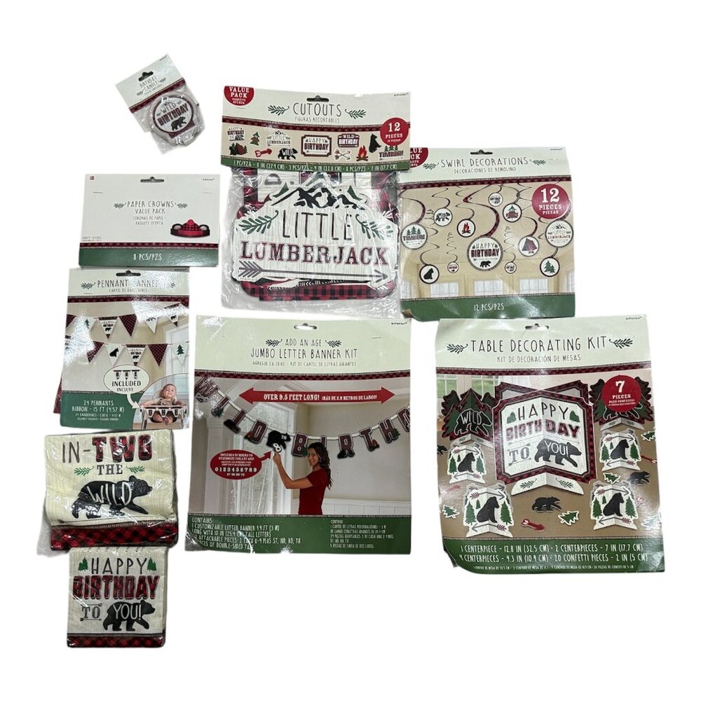 NEW Camping Lumberjack Birthday Party Decoration Kit-Banners Cutouts Swirls+more